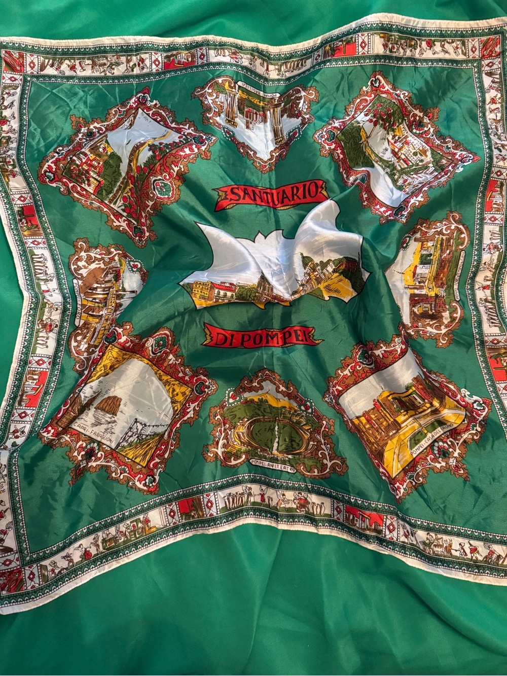 Vintage Green Scenic Silk-Look Scarf with 'Santuario di Pompei' Motif